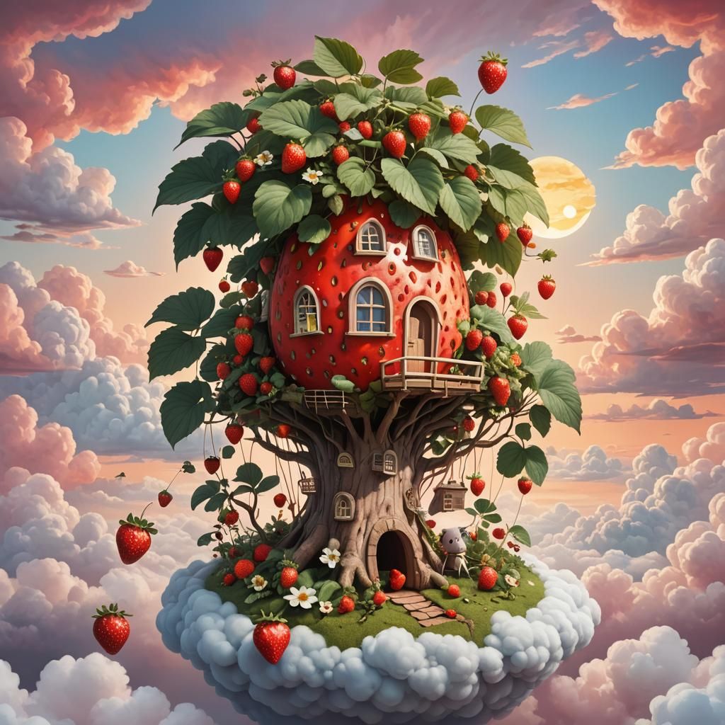 Strawberry Treehouse Above the Clouds: Abstract Art