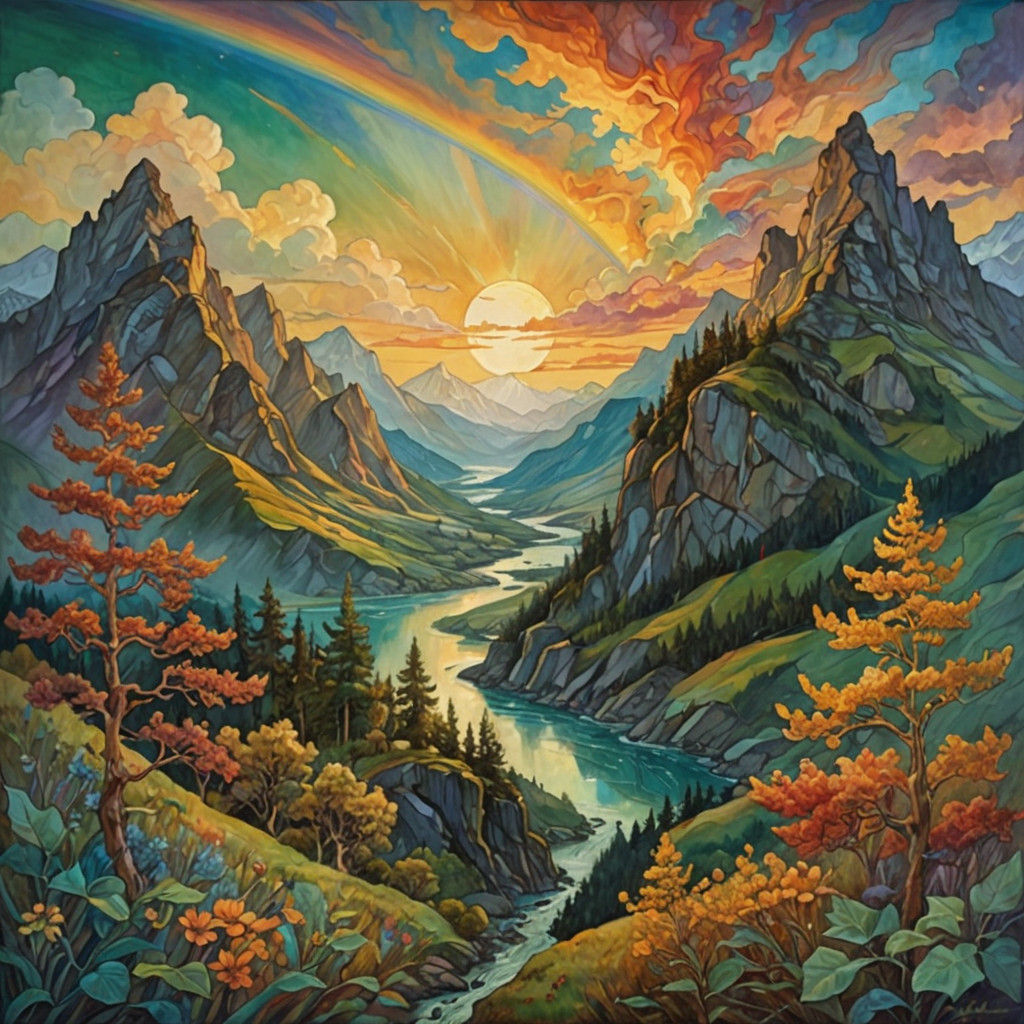 Vibrant Surreal Landscape in Whimsical Oil Painting Style