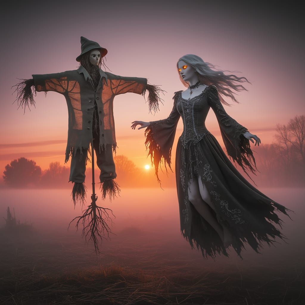 Gothic Sorceress Levitates Scarecrow in Dreamlike Landscape