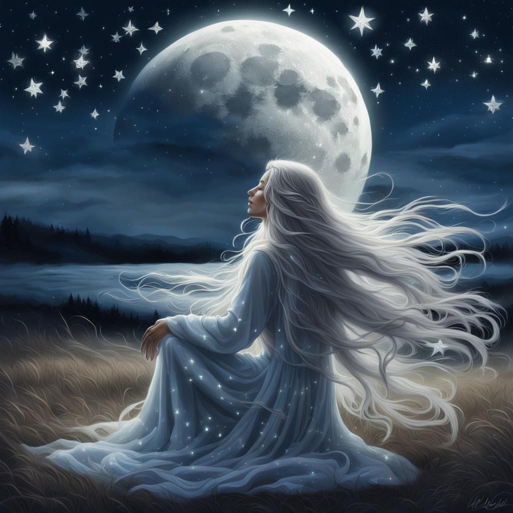 Moonlit Woman in Prayer Under Starry Sky