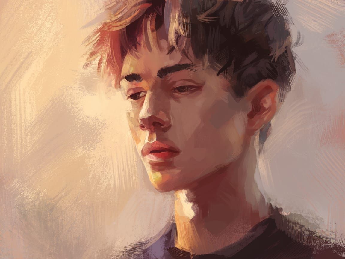 Contemplative Young Man in Impressionistic Style