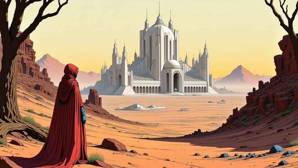 Desert Tableland City in Arthur Rackham Style