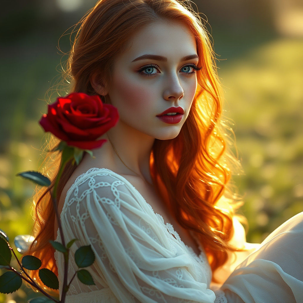 Dreamy Portrait of Woman with Rose, Digital Art