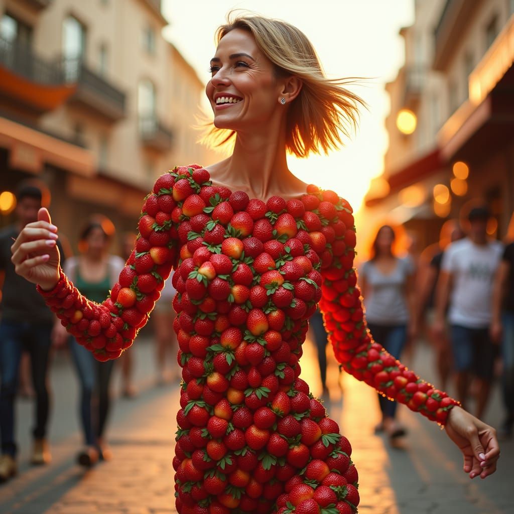 Strawberry Mosaic Woman Dancing at Sunset