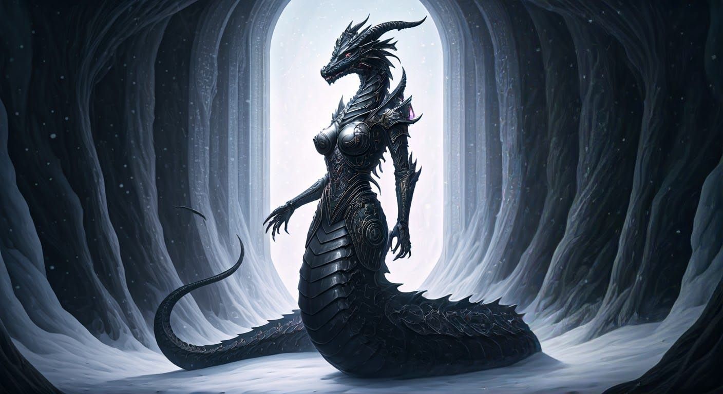 Dragon-Woman Guarding Portal in Biomechanical Surrealism