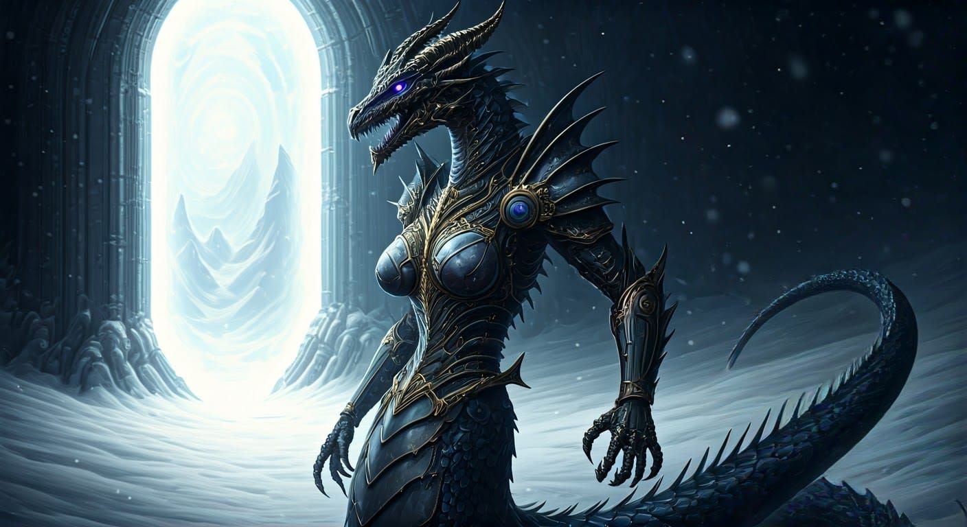 Dragon-Woman Guardian of the Portal in Biomechanical Style