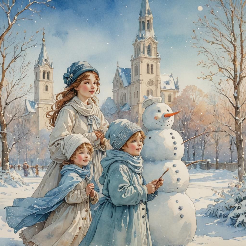 Children Building Snowman in Art Nouveau Style