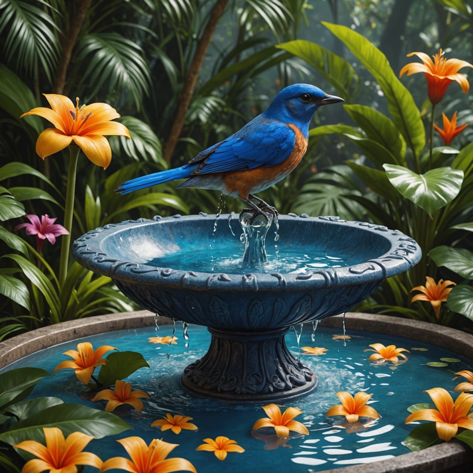 Blue Bird Bathing in Tropical Flower Garden