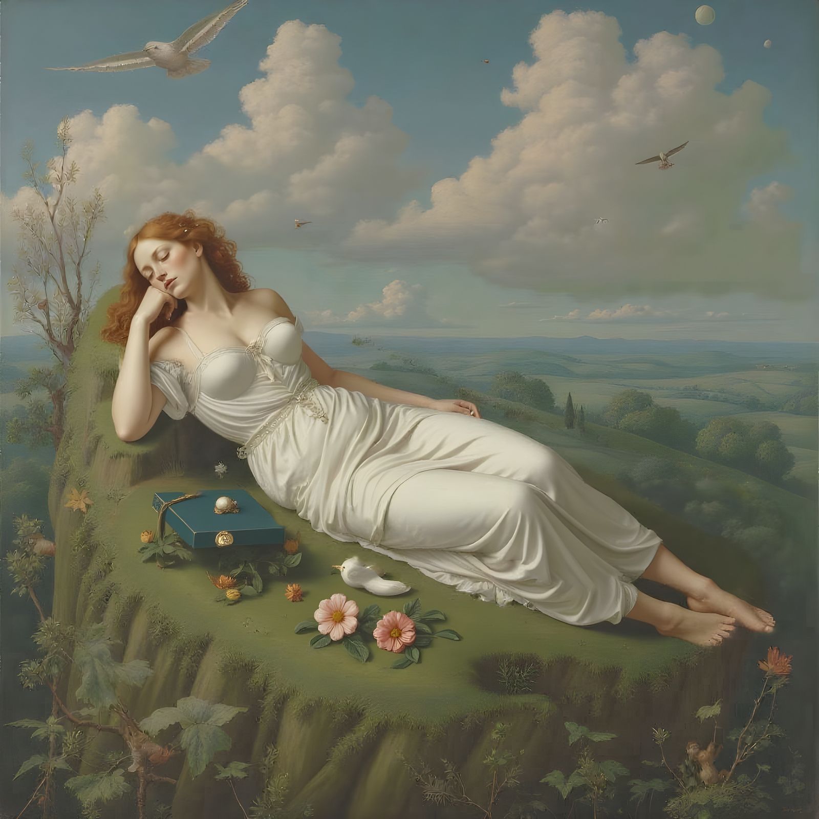 Giantess Goddess Slumbers Amidst Whimsical Landscape