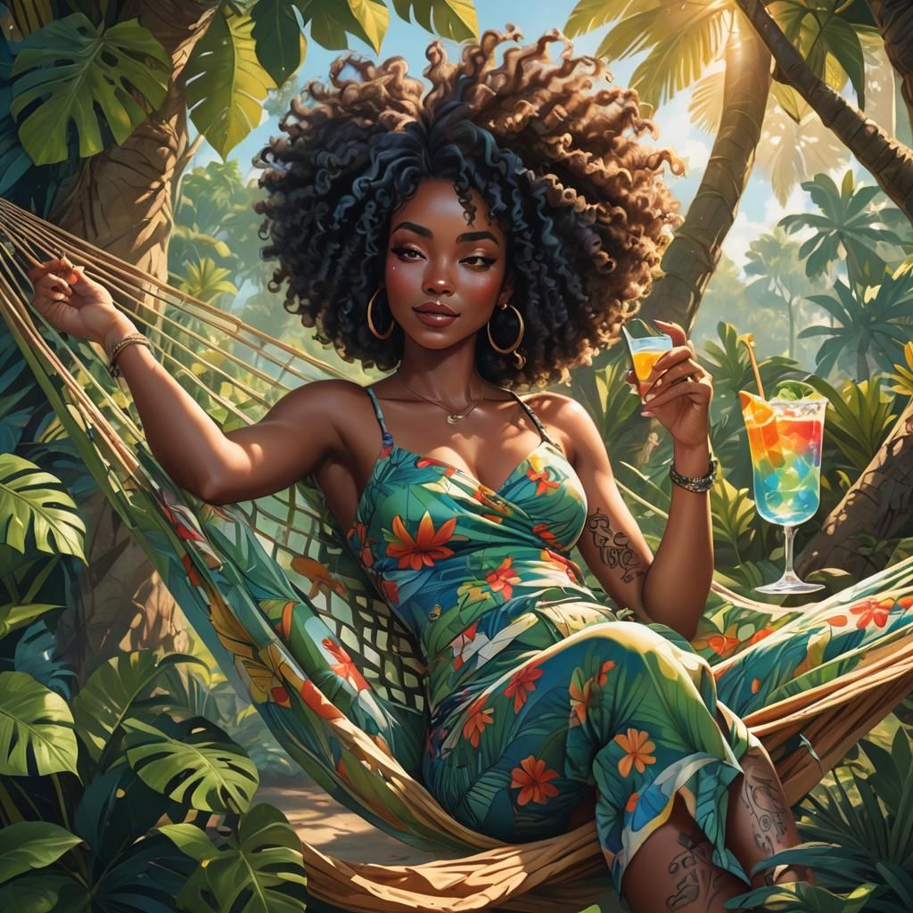 Woman in Hammock: Vibrant Toon Art in Fantasy Landscape