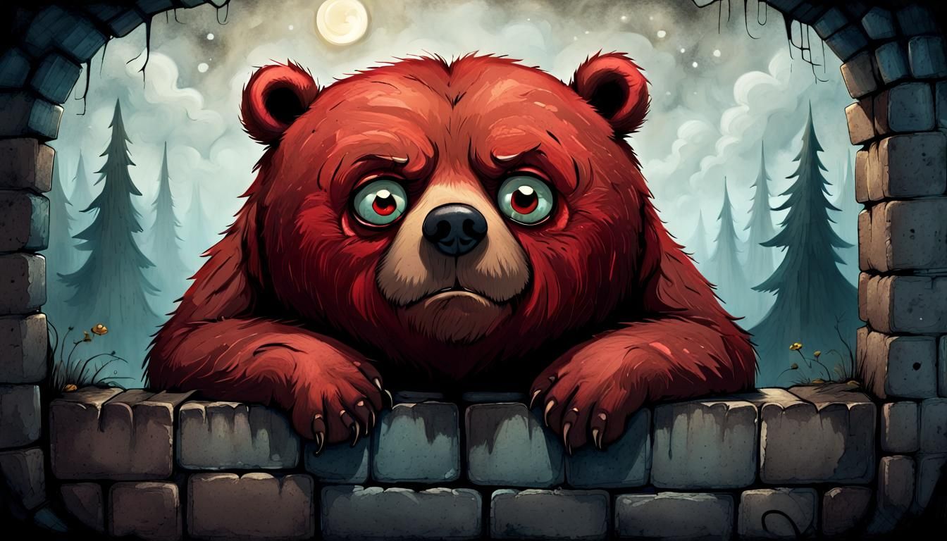 A Grumpy Red Bear on a Small Wall
