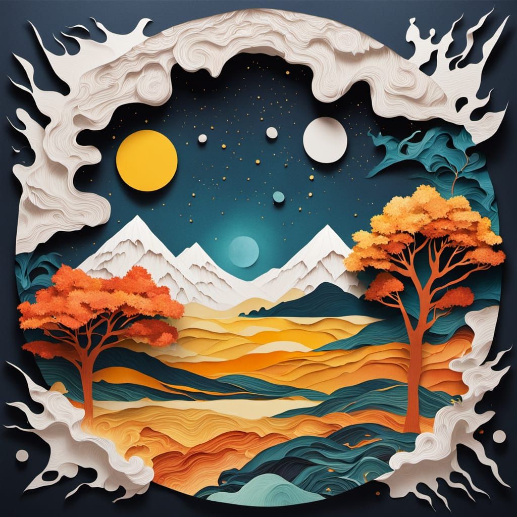 Dual Landscape: Sunny Day Meets Night in Textured Paper Art