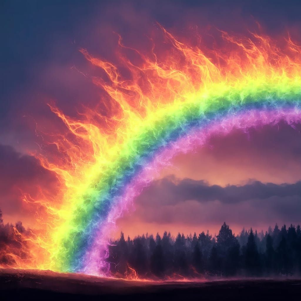 Vibrant Flaming Rainbow Arches Across Twilight Sky