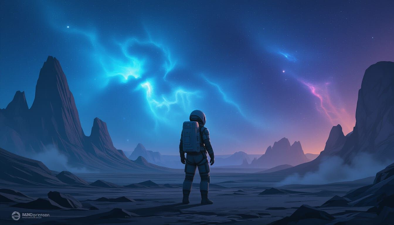 Astronaut Gazes at Nebulae on Alien Planet