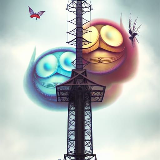 Electricity Pylon with Birds in Surrealist Style