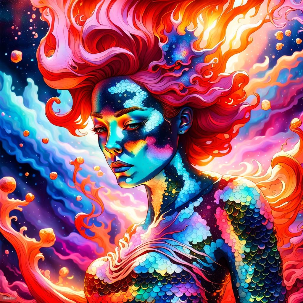 Lava Mermaid Portrait in Iridescent Cosmic Art