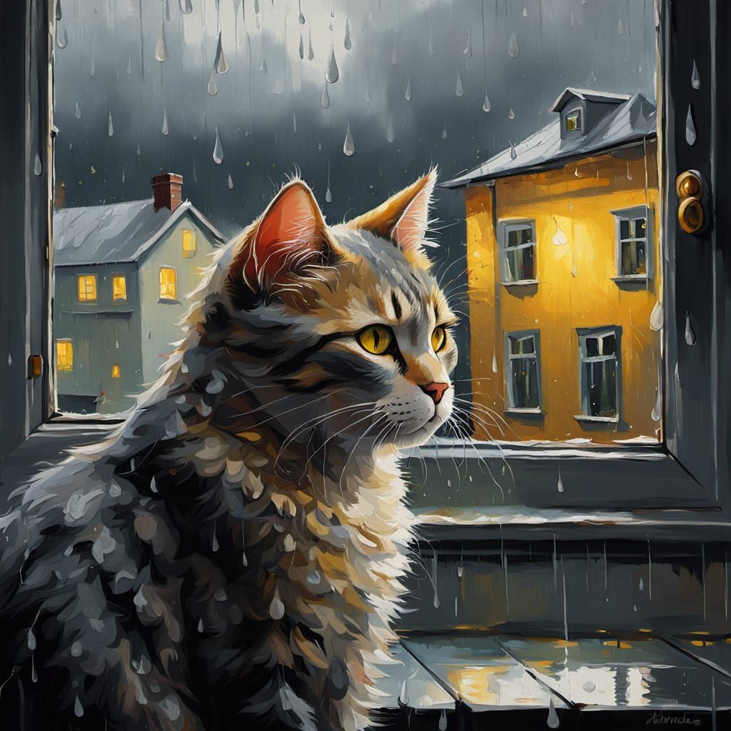 Impressionist Cat Gazing at Stormy Landscape