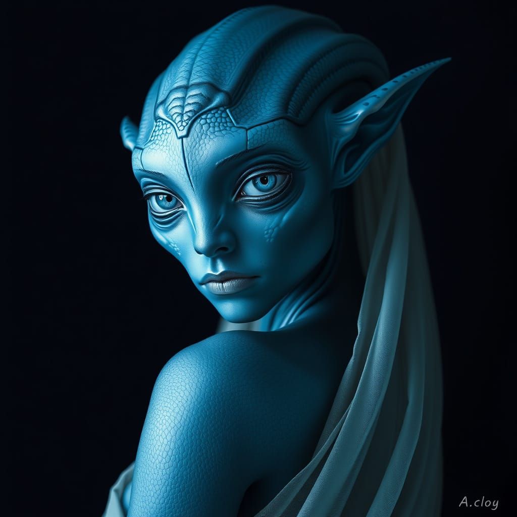 Ethereal Alien Goddess in Deep Blue Hues