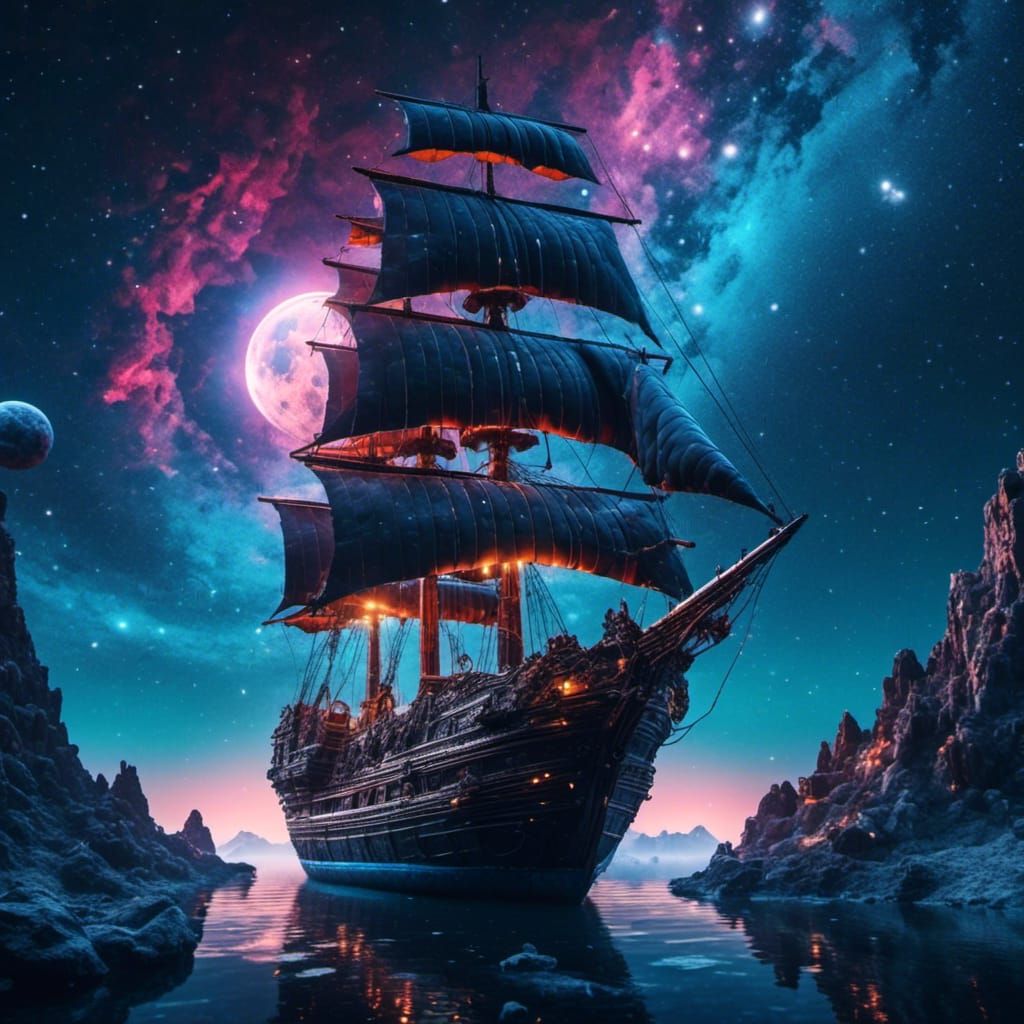 .<lora:Night Sparkle:1.0>  Large intricately detailed wooden ship with large sails in Outer space. Sailing along on cosm...