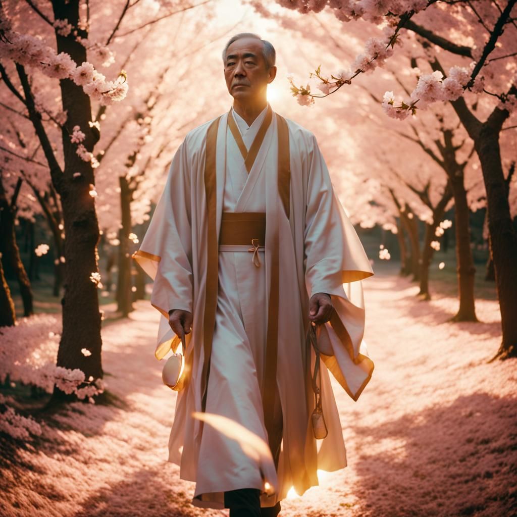 Japanese Priest in Cherry Blossom Forest: Cinematic Still