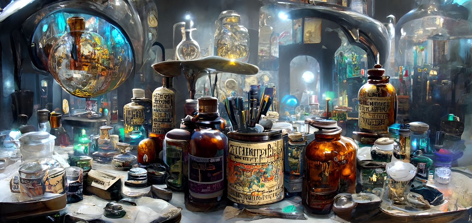 Aetherpunk Alchemy Laboratory in Film Noir Style