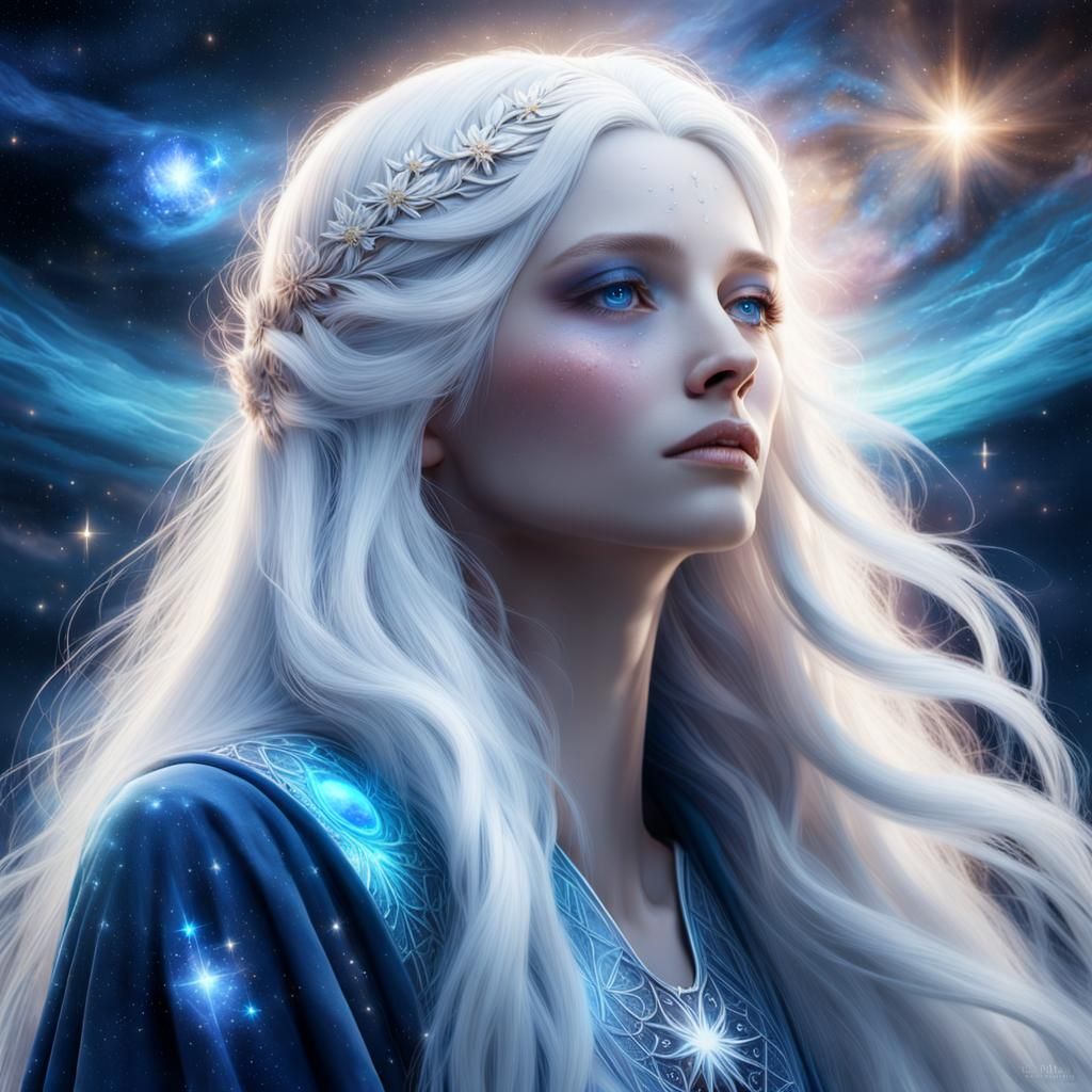 Ethereal Woman Praying Under Celestial Light