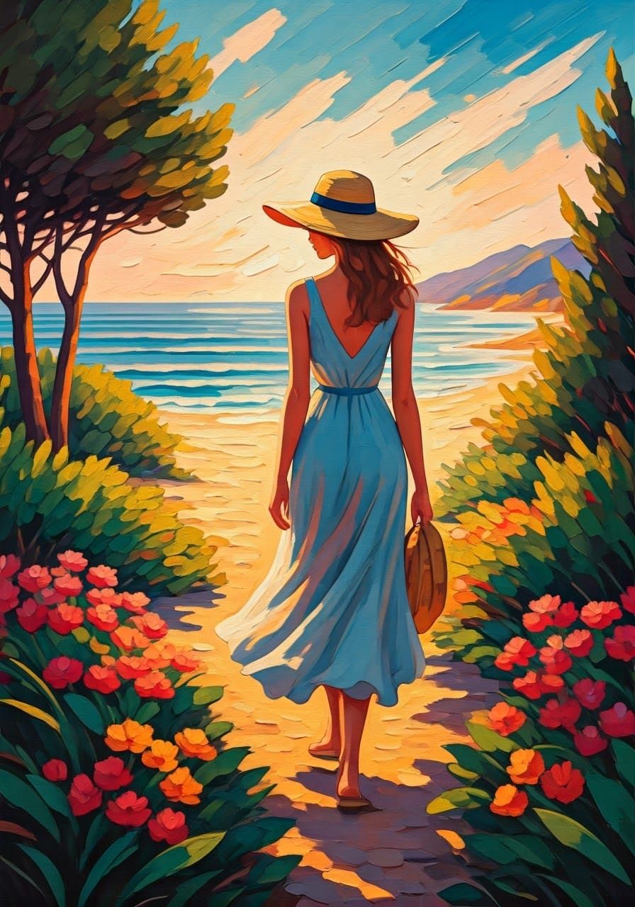 Woman Walking on a Colorful Secluded Beach at Sunset