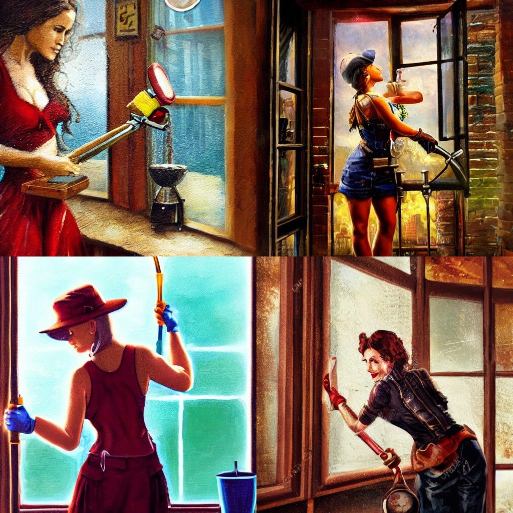 Steampunk Woman Cleaning: Oil Painting in 8K