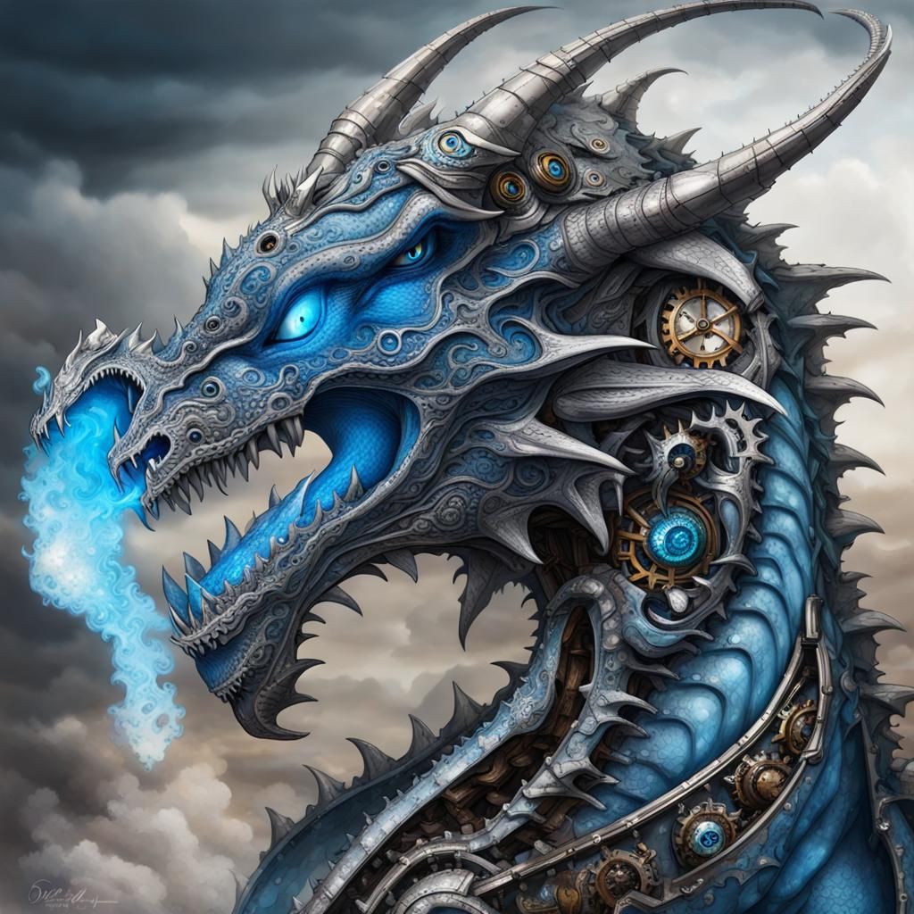 Steampunk Ice Dragon Gargling Blue Flames