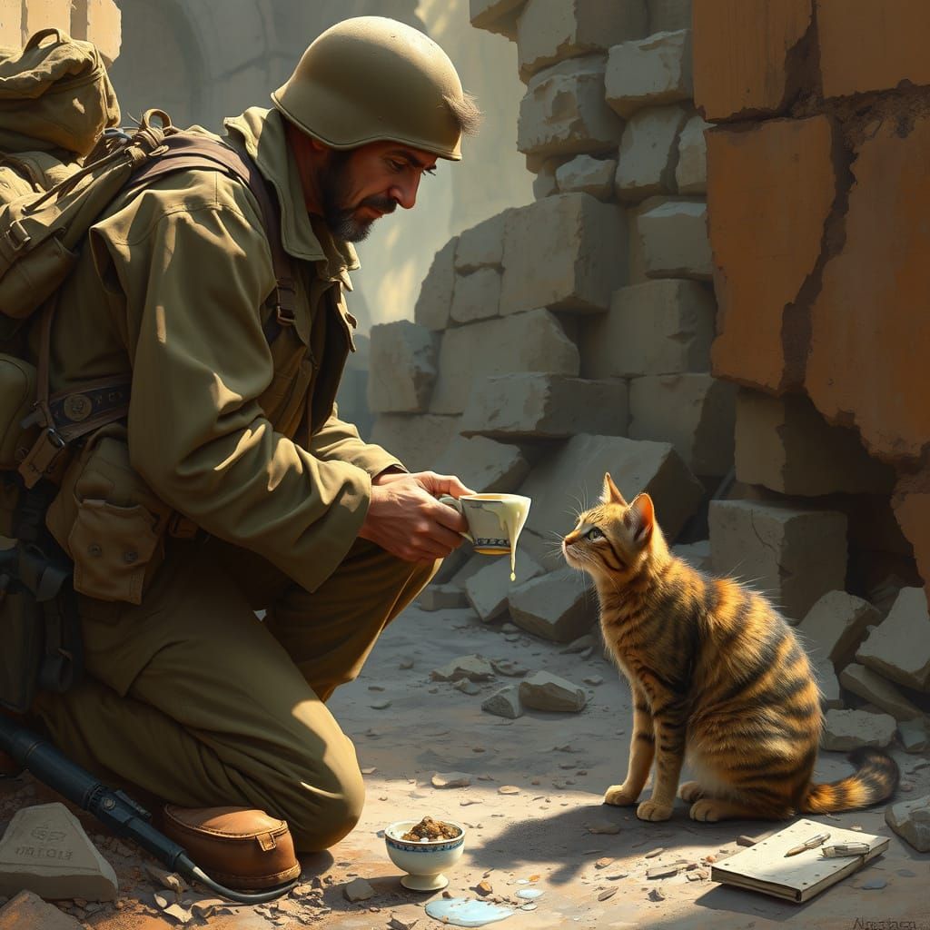 War-weary Soldier Tenderly Feeds Scrawny Cat Amidst Ruins