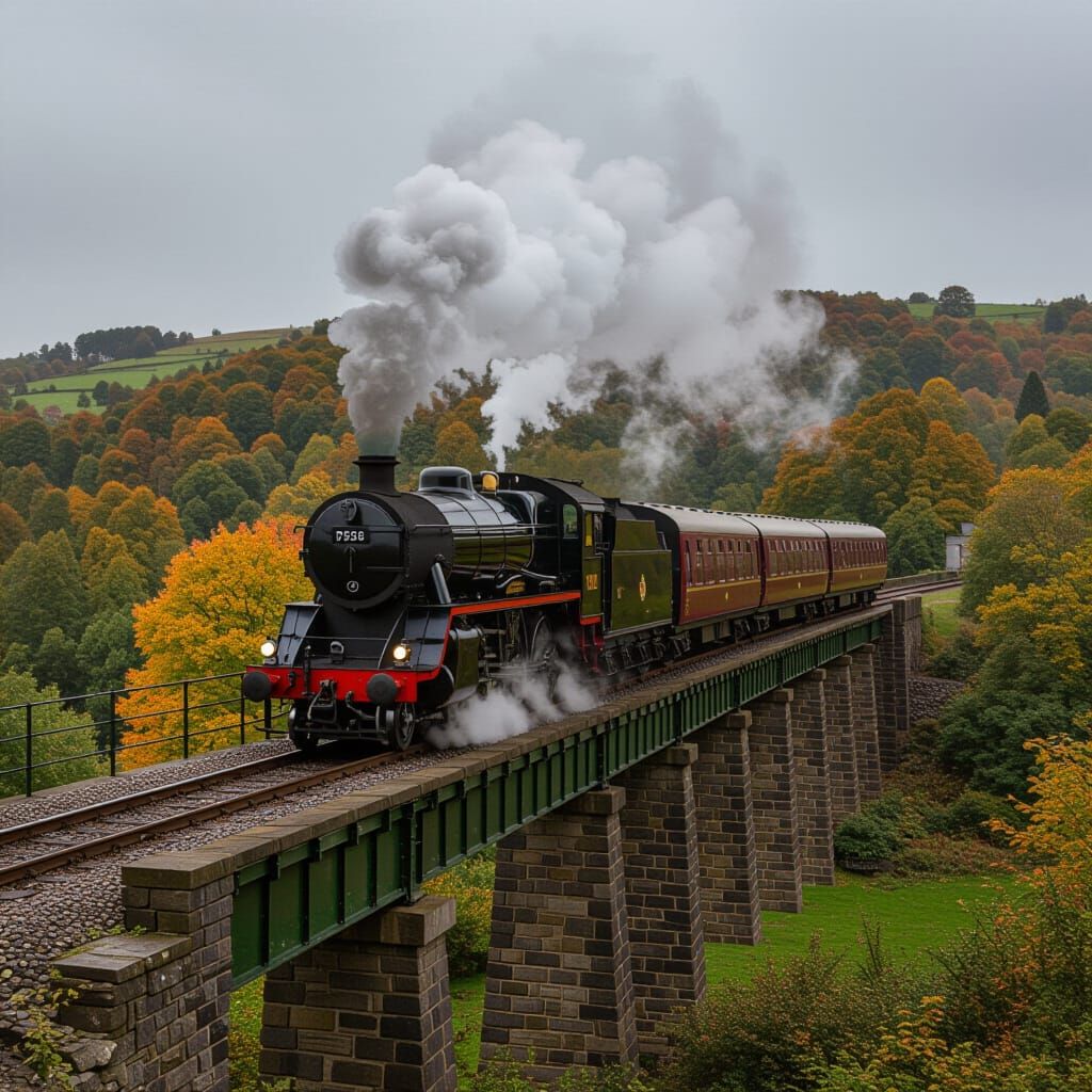 Black Steam Train Crossing Llangollen Bridge in Autumn