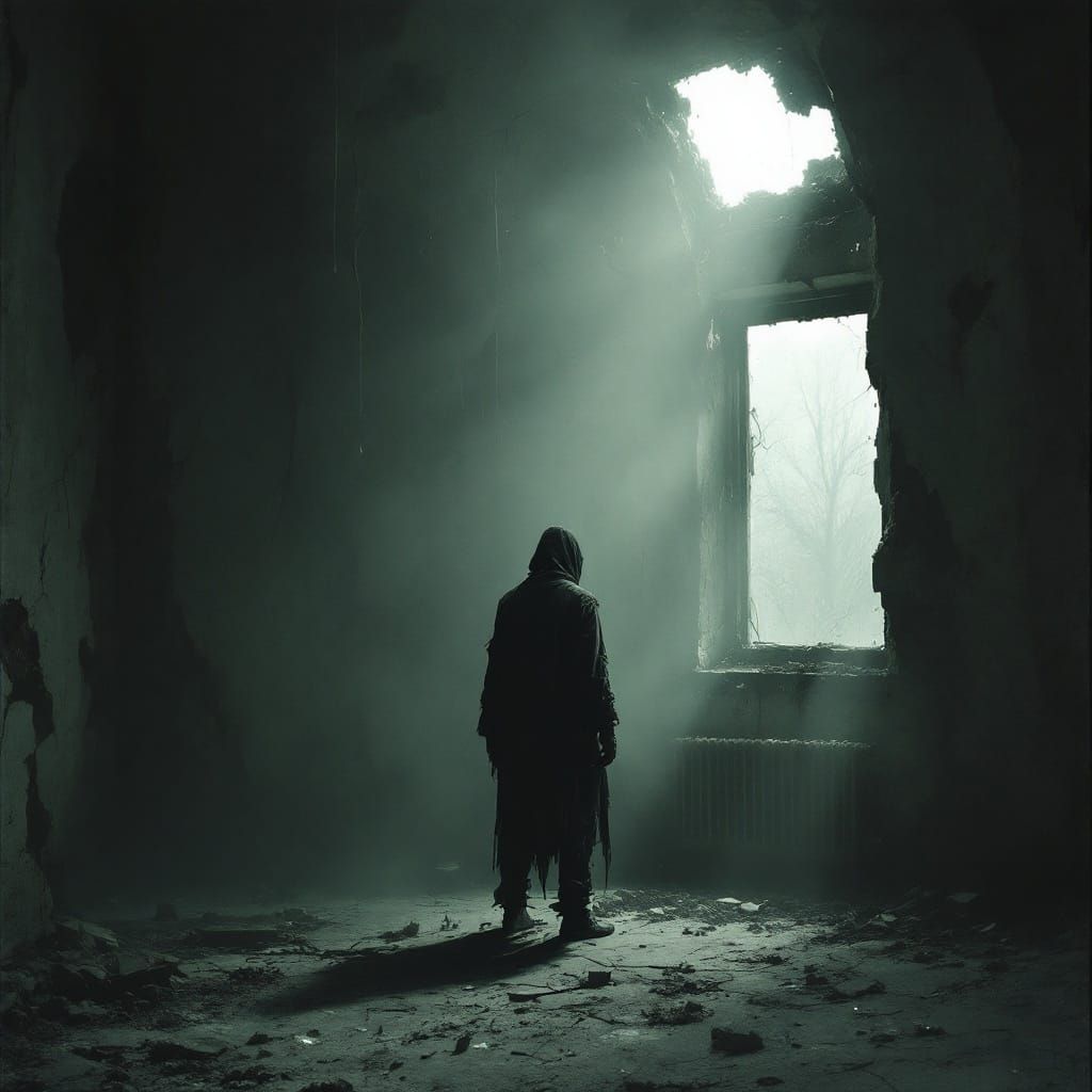 Decaying Room with Lone Figure in Beksiński Style