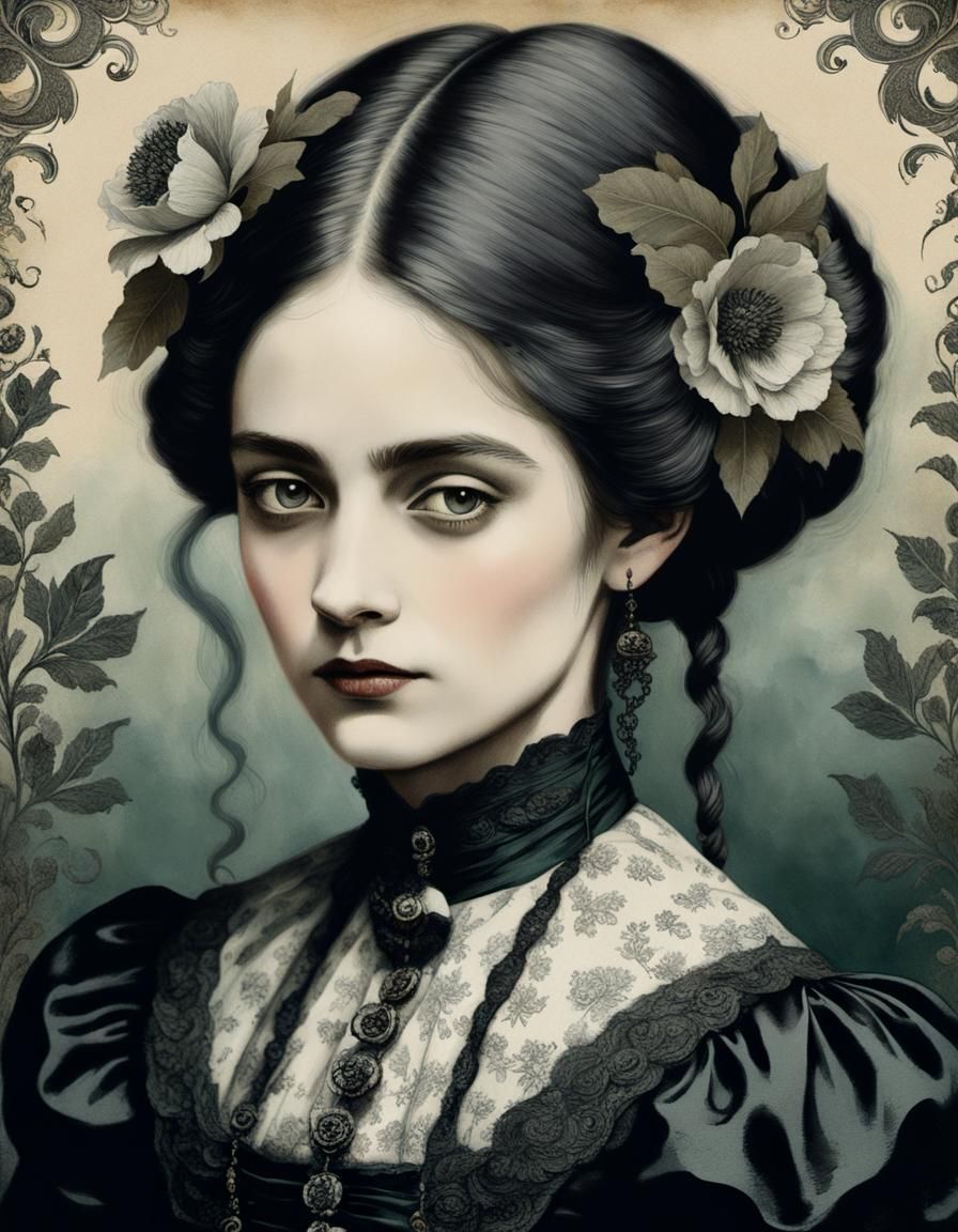 Detailed Floral Damsel Portrait in Victorian Gothic Style