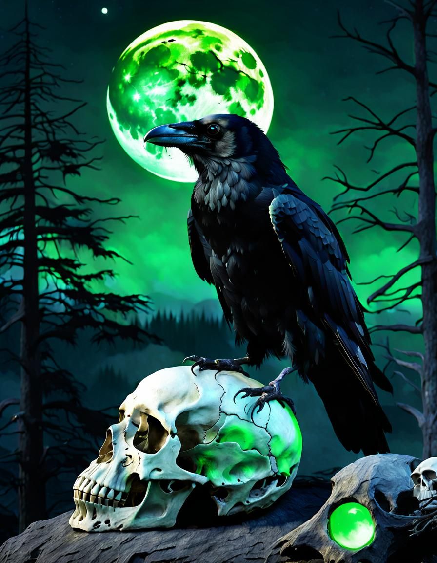 Raven Perched on Skull Under Moonlight, Digital Matte Painti...
