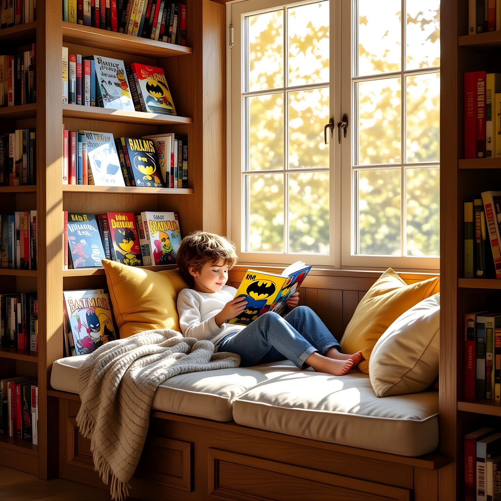 Cosy Reading Nook with Sunlight and Manga