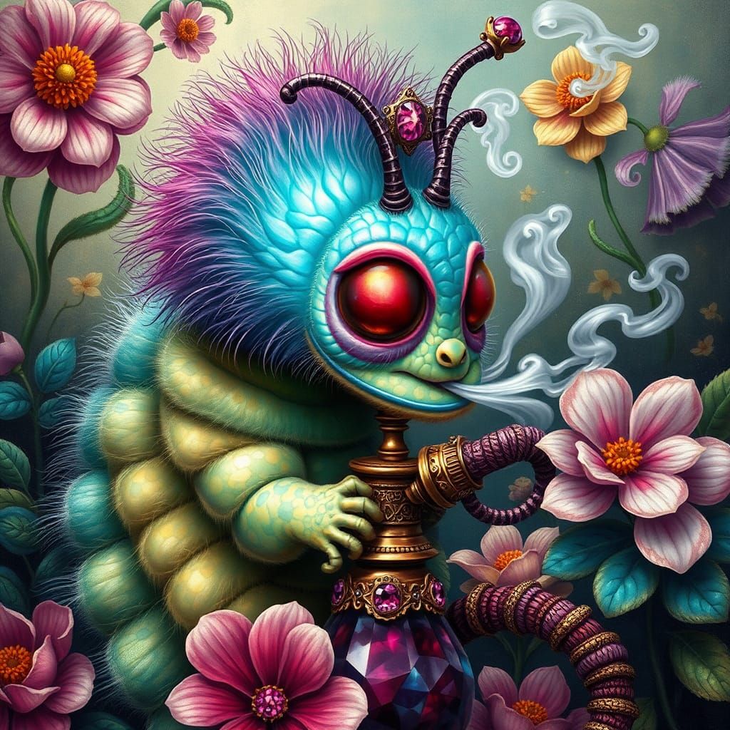 Whimsical Caterpillar Smoking Hookah in Wonderland