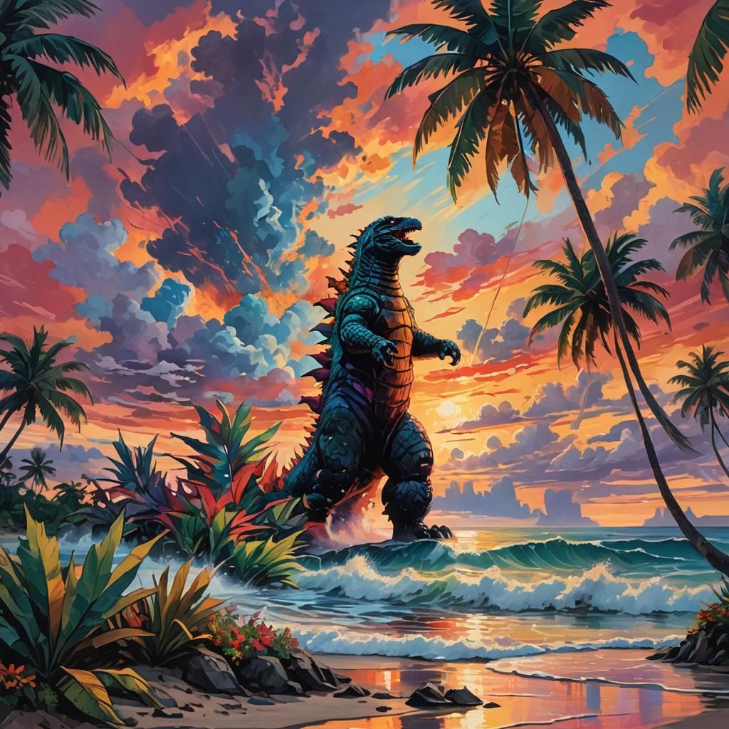 Godzilla's Fauvist Beach Paradise in Tropical Maximalism