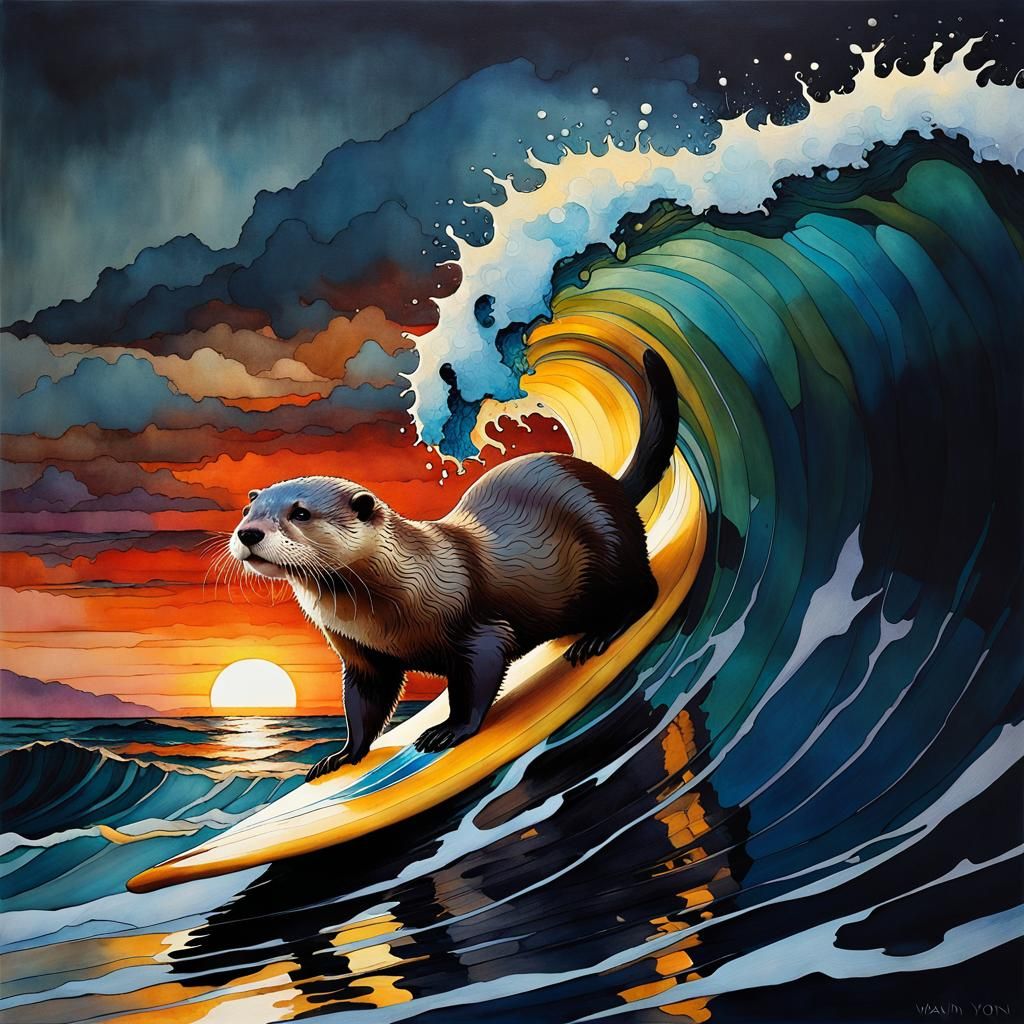 Surreal Sunset Otter Surfing in Alcohol Ink