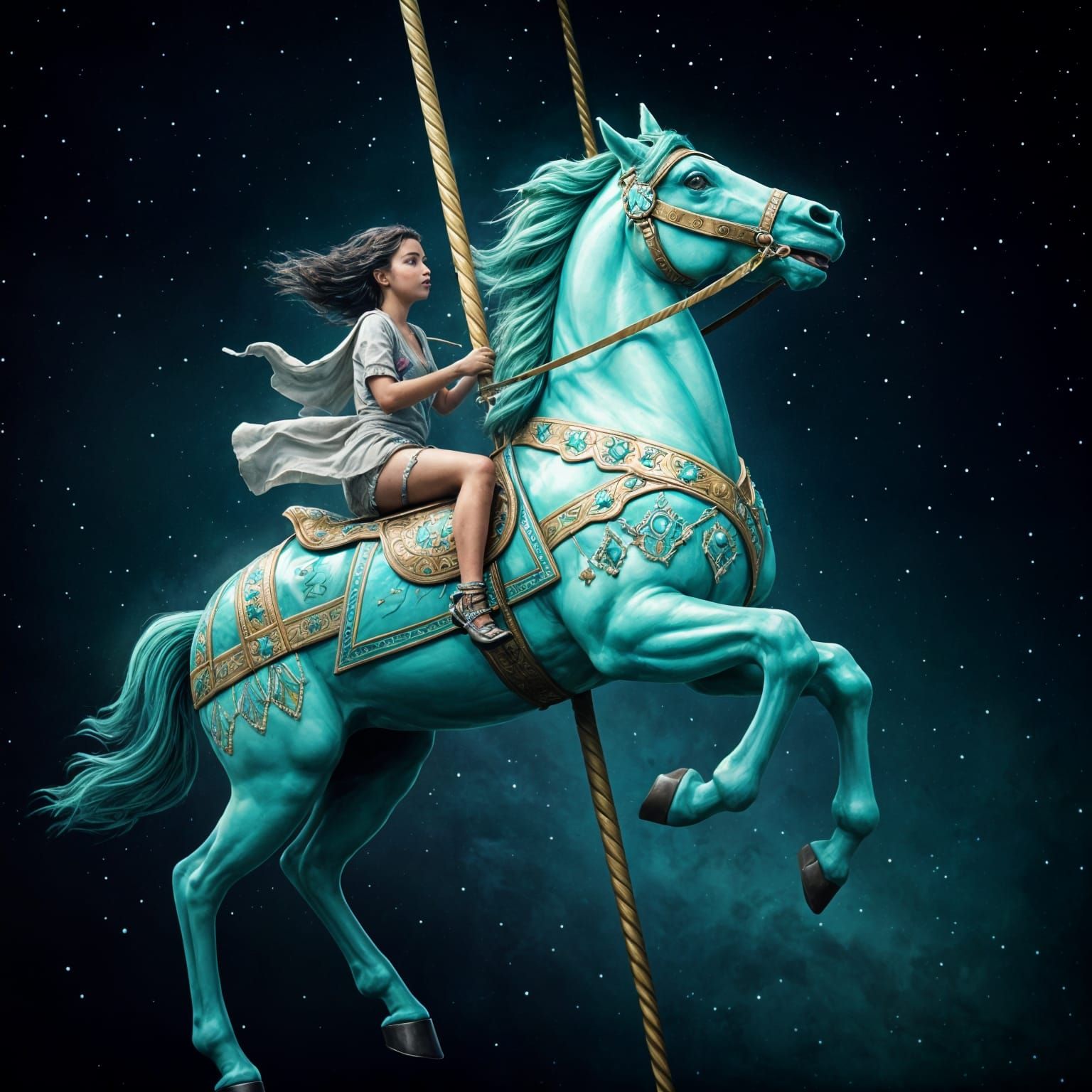Girl Rides Carousel Horse Into Cosmic Sky