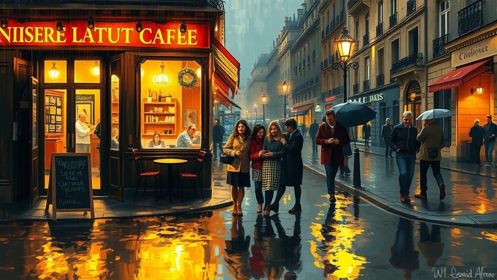 Cozy Night Café Scene in Parisian Neo-Impressionist Style