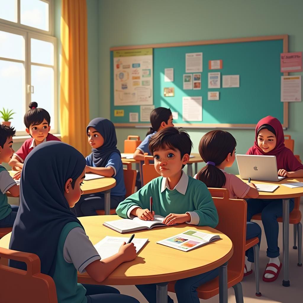 Diverse Students Learning Together in Cartoon Style