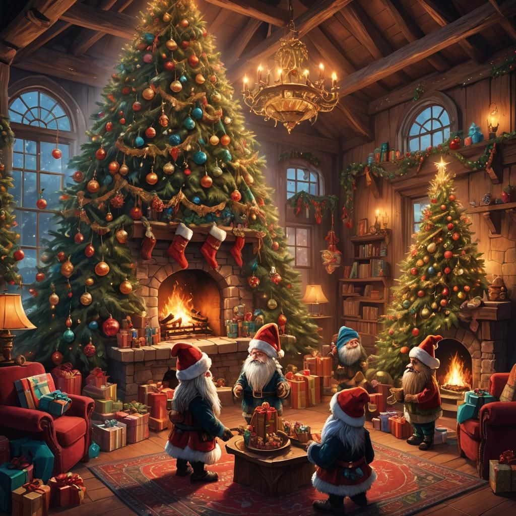 Christmas Gonks in Cozy Living Room, Fantasy Art