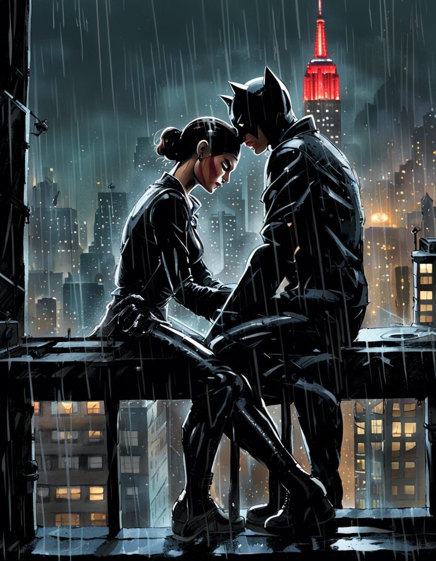 Catwoman and Black Cat Kiss in Rainy Gotham