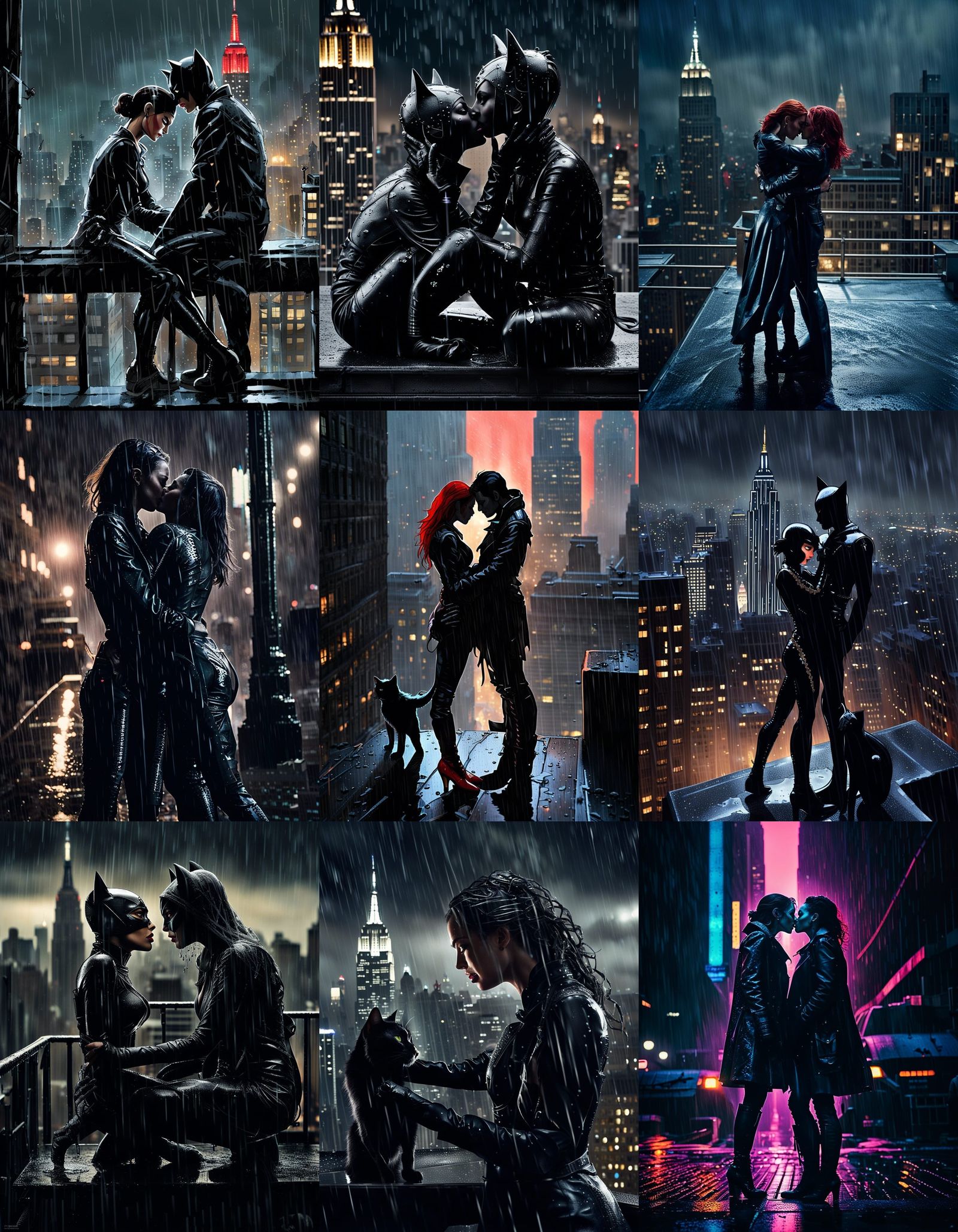 Catwoman and Black Cat Kissing in the Rain