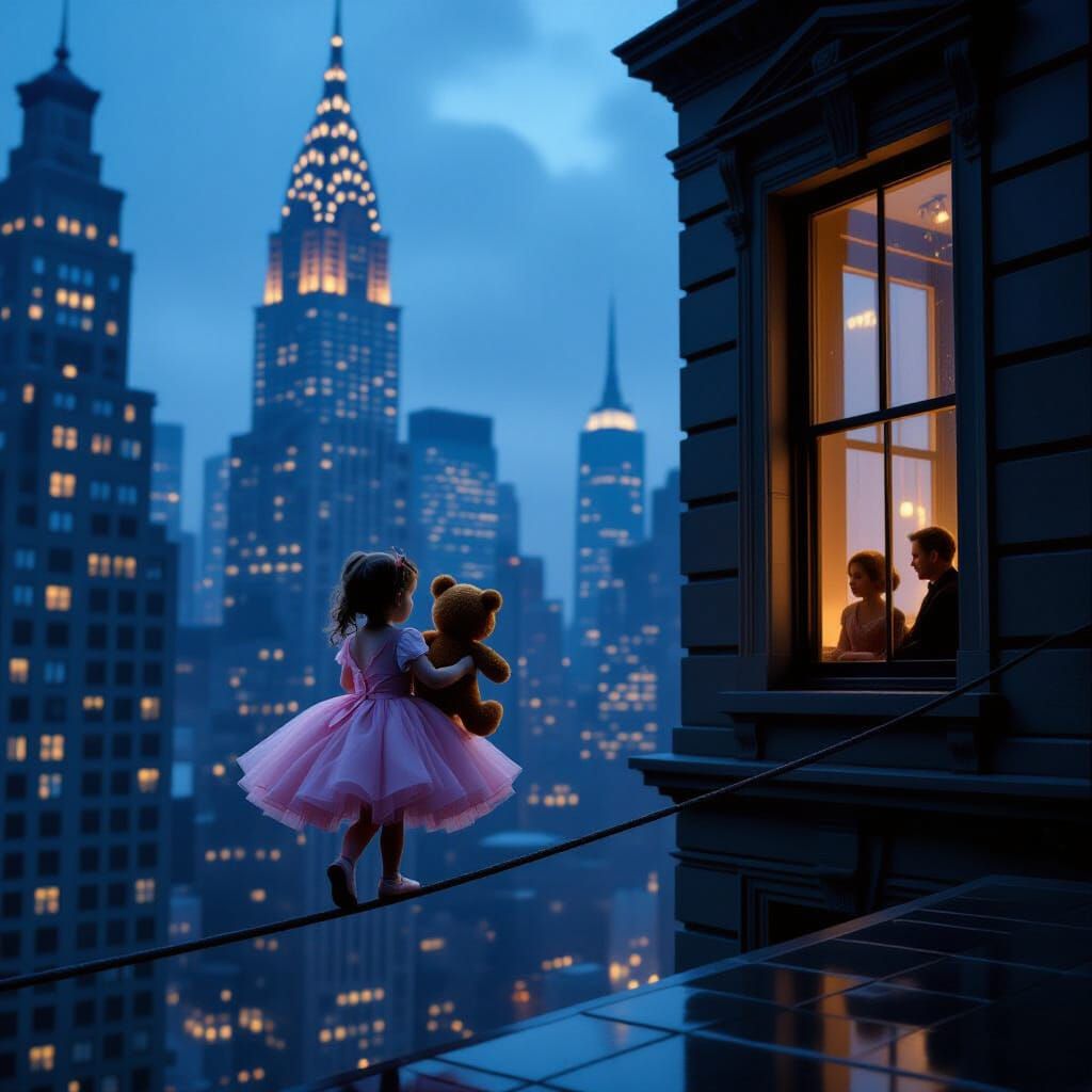 Girl on Tightrope Between Skyscrapers at Twilight