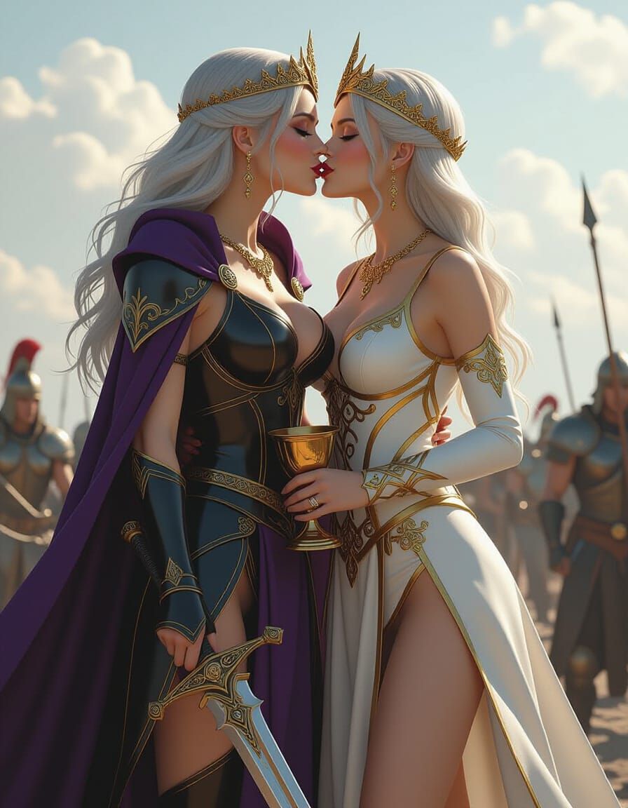 Queen of Spades Kisses Queen of Diamonds on Battlefield