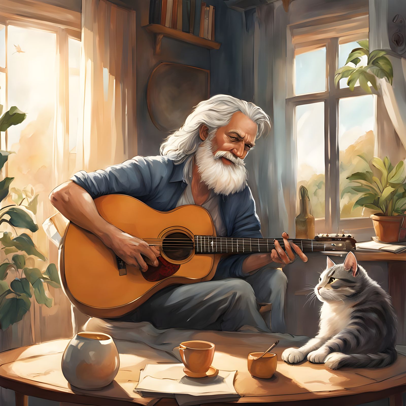 Gentle Musician Connects with a Feline Friend in a Cozy Livi...