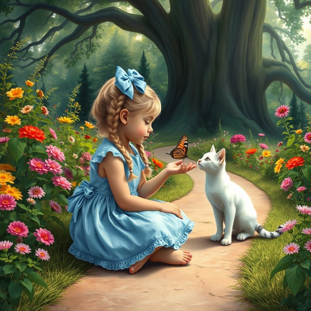 Whimsical Garden Scene with Girl and Curious Cat
