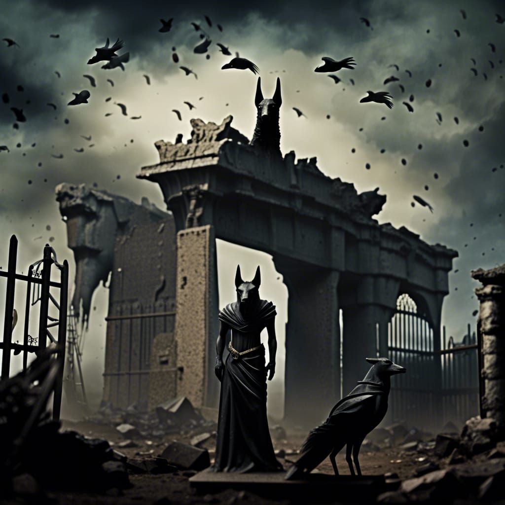 Menacing Anubis Statue in Post-Apocalyptic Ruin