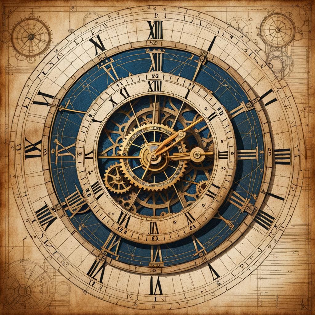 Astronomical Clock Blueprint: Detailed Pencil Drawing